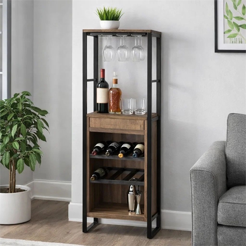 Nery Wine Rack with 1 Drawer and 3 Shelves- 69 Inch- Weathered Oak Brown