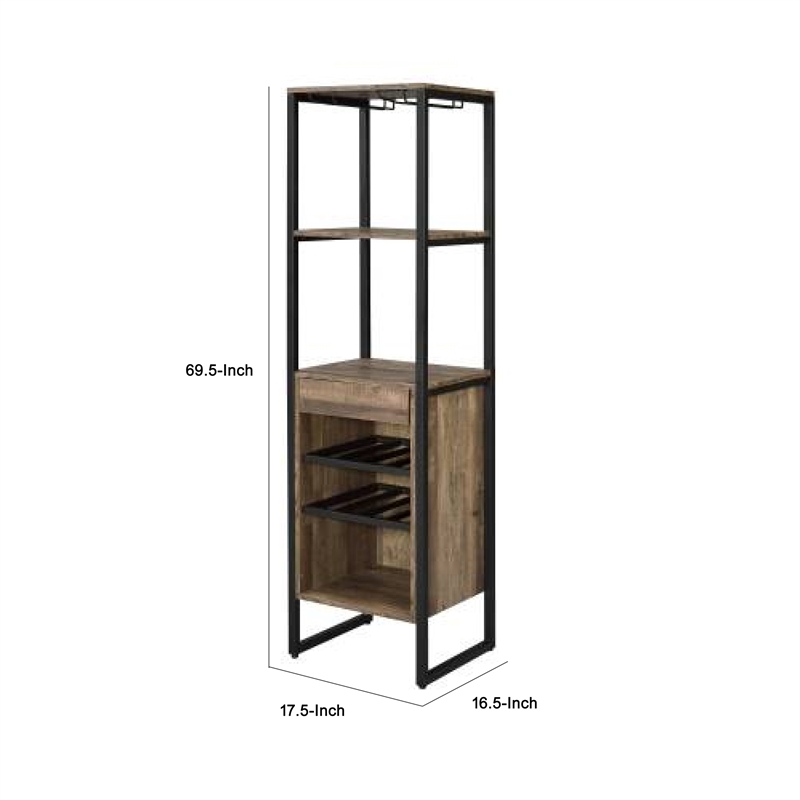 Nery Wine Rack with 1 Drawer- 3 Shelves- 70 Inch Tall- Weathered Oak Brown