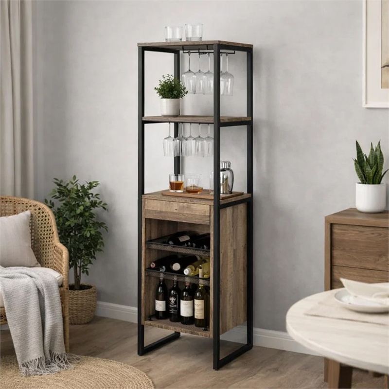 Nery Wine Rack with 1 Drawer- 3 Shelves- 70 Inch Tall- Weathered Oak Brown