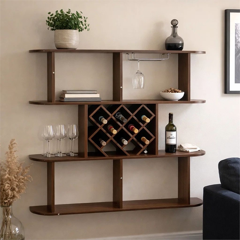 Wall Mounted Bar- 3 Tier Bottle Wine Rack- Glass Holder- Walnut Brown