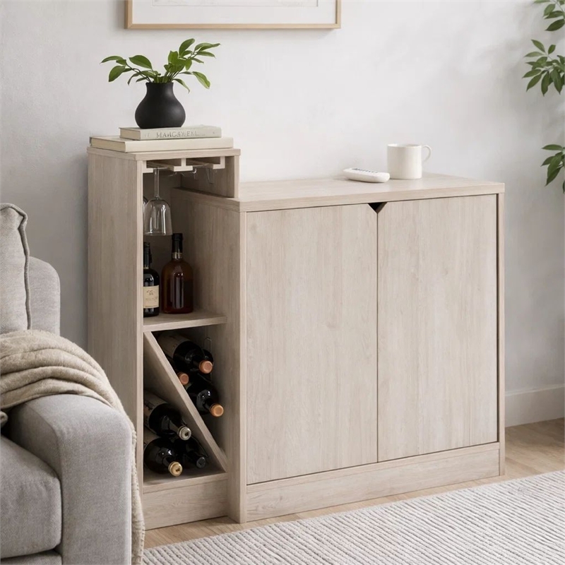 Wine Bottle Display Bar Cabinet- Holds 4 Bottles- Oak White Wood Finish