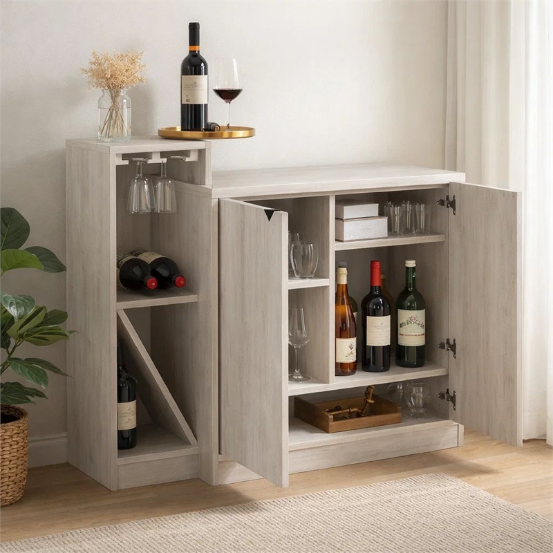 Wine Bottle Display Bar Cabinet- Holds 4 Bottles- Oak White Wood Finish