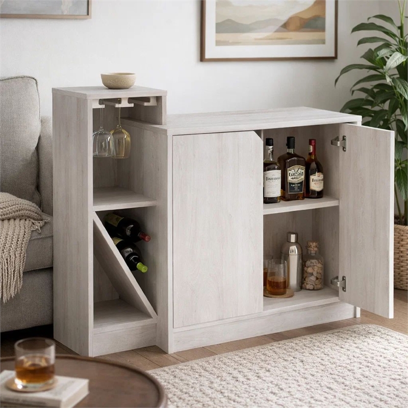 Wine Bottle Display Bar Cabinet- Holds 4 Bottles- Oak White Wood Finish