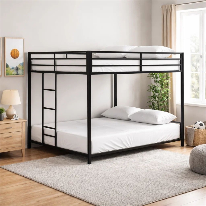 Ady Low Profile Full Over Full Bunk Bed with Ladder- Black Metal Frame