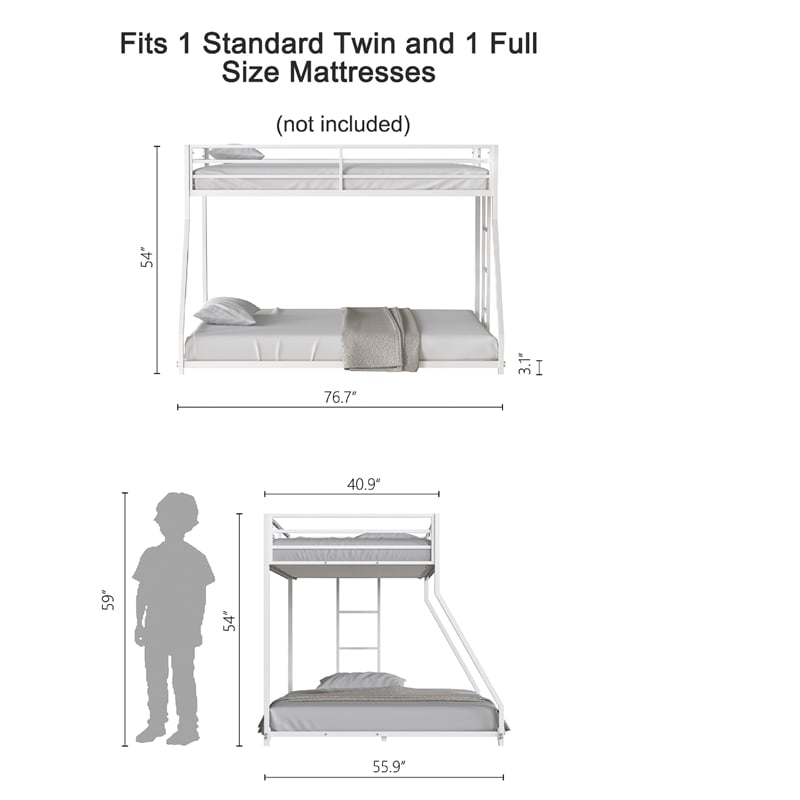 Ady Low Profile Twin Over Full Bunk Bed with Ladder- White Metal Frame