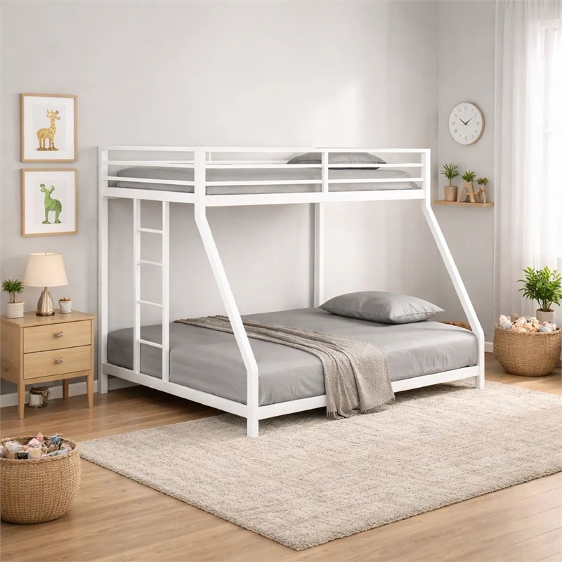 Ady Low Profile Twin Over Full Bunk Bed with Ladder- White Metal Frame