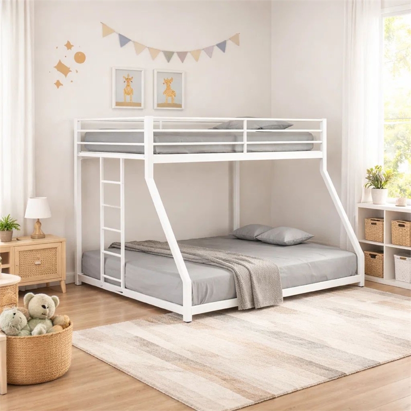 Ady Low Profile Twin Over Full Bunk Bed with Ladder- White Metal Frame