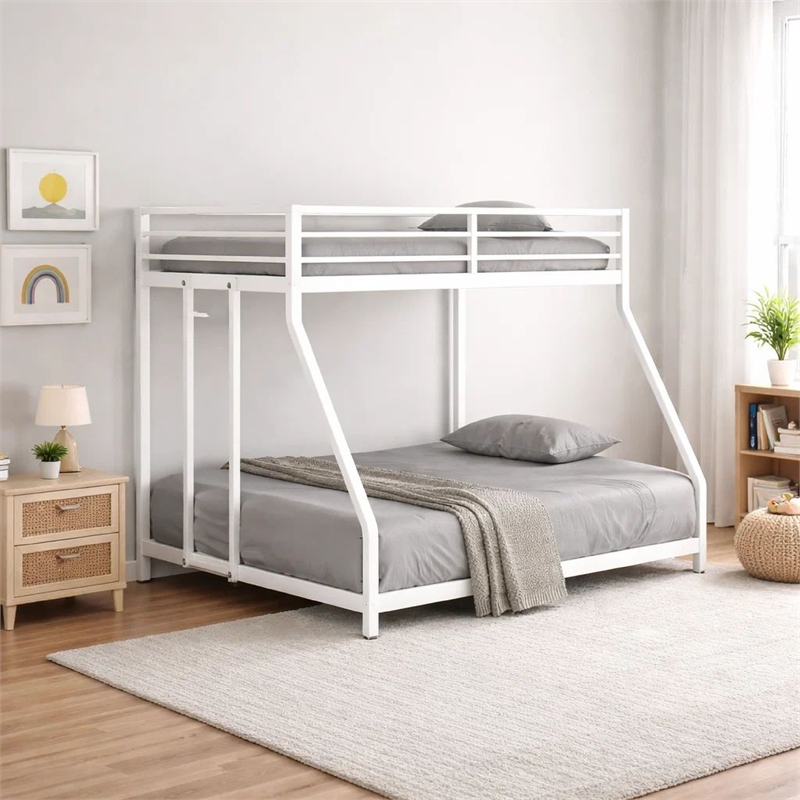 Ady Low Profile Twin Over Full Bunk Bed with Ladder- White Metal Frame