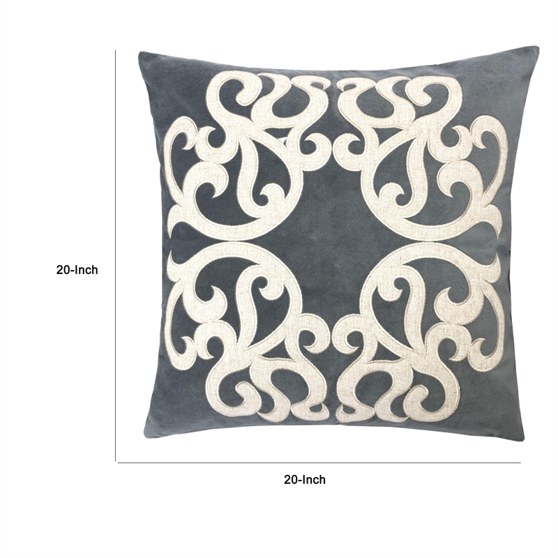 Dery Throw Pillow- Vintage Vine Accented Gray Velvet- 20 Inch Square