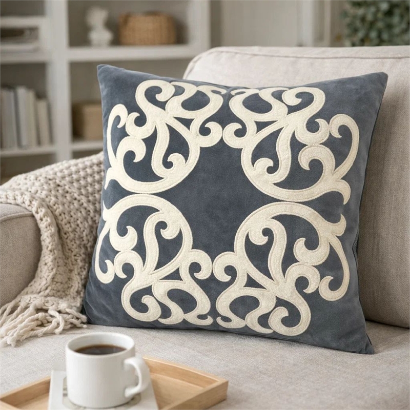 Dery Throw Pillow- Vintage Vine Accented Gray Velvet- 20 Inch Square