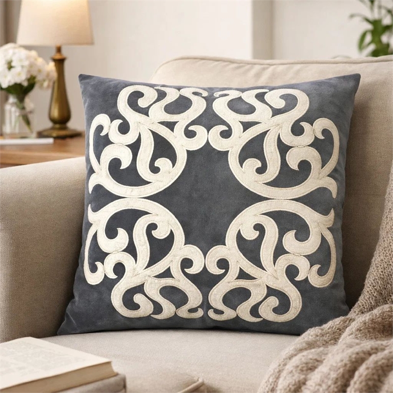 Dery Throw Pillow- Vintage Vine Accented Gray Velvet- 20 Inch Square
