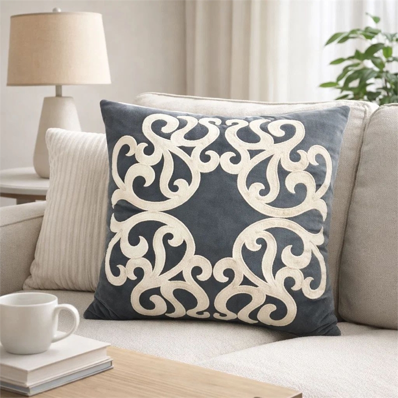 Dery Throw Pillow- Vintage Vine Accented Gray Velvet- 20 Inch Square