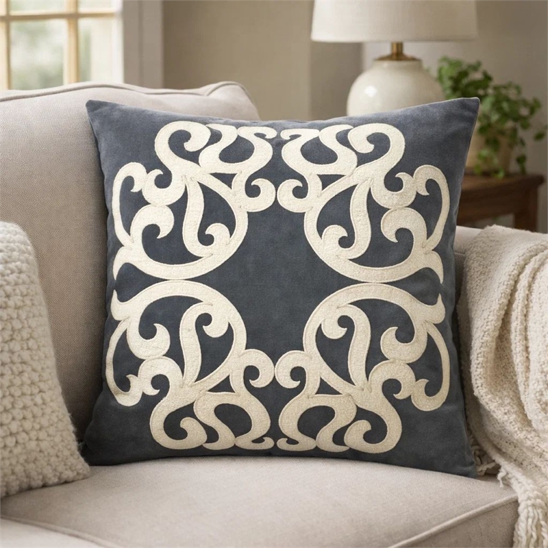 Dery Throw Pillow- Vintage Vine Accented Gray Velvet- 20 Inch Square