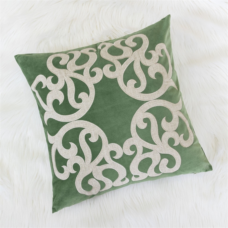 Dery Throw Pillow- Vintage Vine Accented Green Velvet- 20 Inch Square
