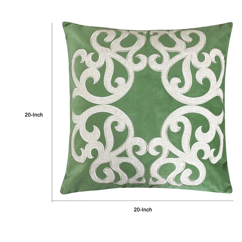 Dery Throw Pillow- Vintage Vine Accented Green Velvet- 20 Inch Square