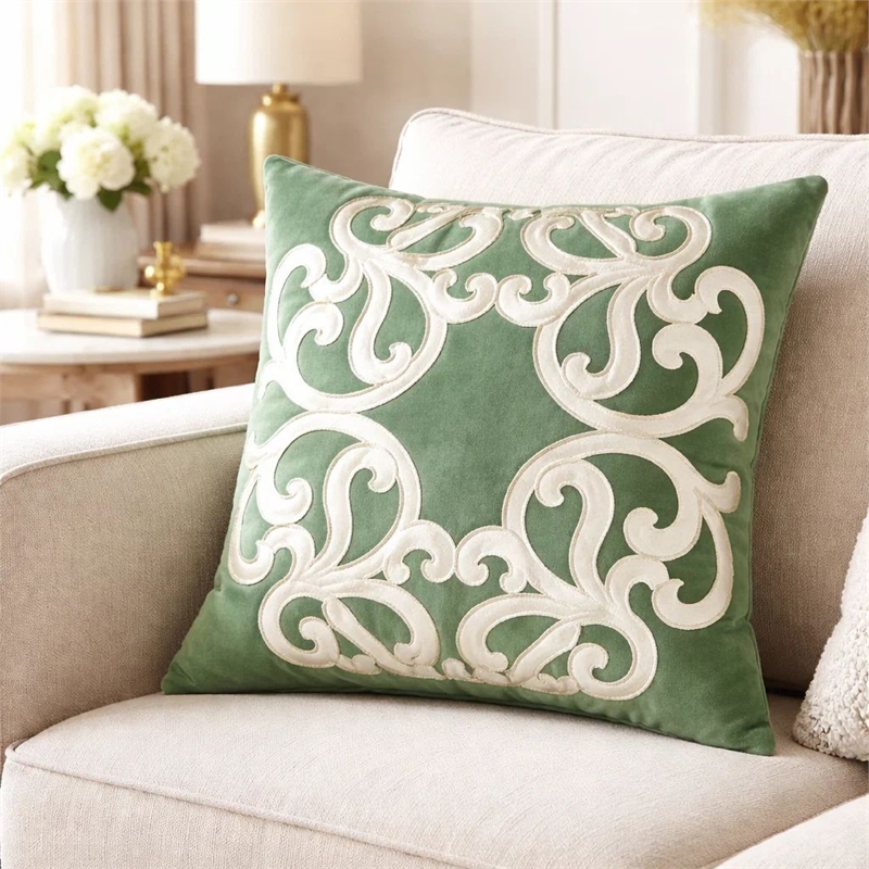 Dery Throw Pillow- Vintage Vine Accented Green Velvet- 20 Inch Square