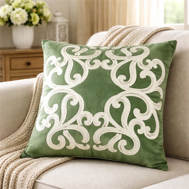 Dery Throw Pillow- Vintage Vine Accented Green Velvet- 20 Inch Square