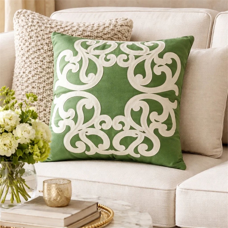 Dery Throw Pillow- Vintage Vine Accented Green Velvet- 20 Inch Square