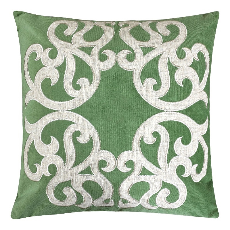 Dery Throw Pillow- Vintage Vine Accented Green Velvet- 20 Inch Square