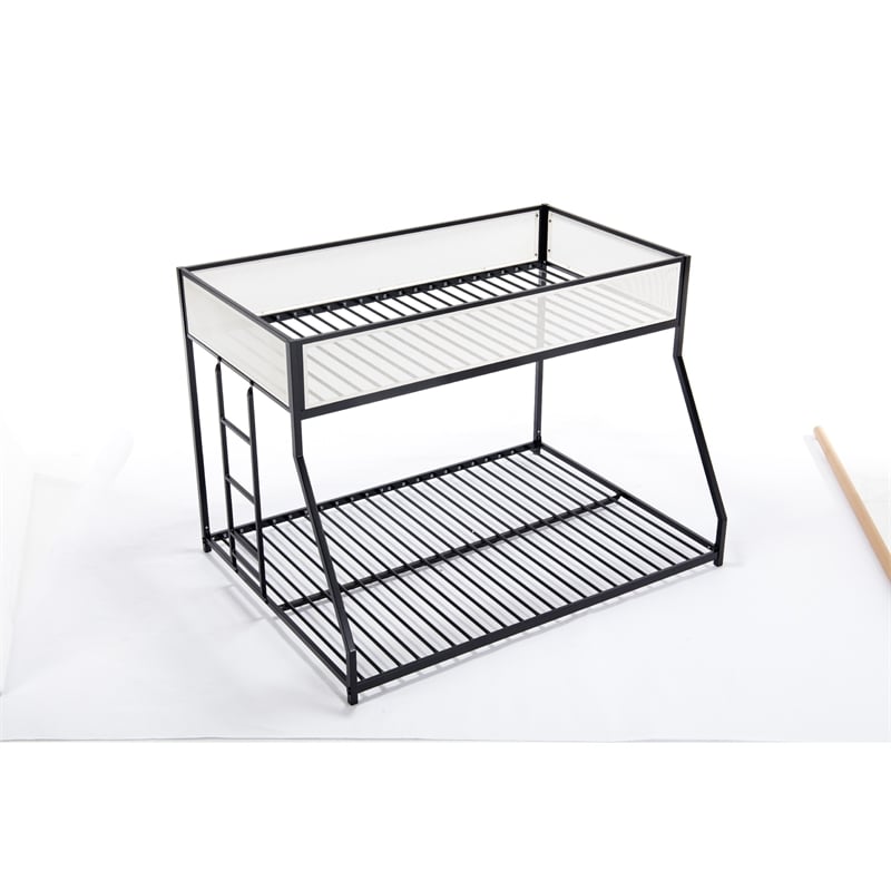 Ady Low Profile Twin Over Full Bunk Bed with Mesh Guardrail- Black Metal