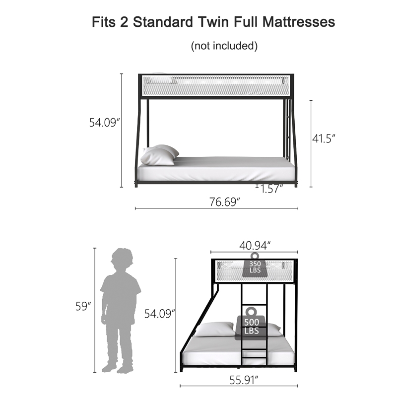 Ady Low Profile Twin Over Full Bunk Bed with Mesh Guardrail- Black Metal