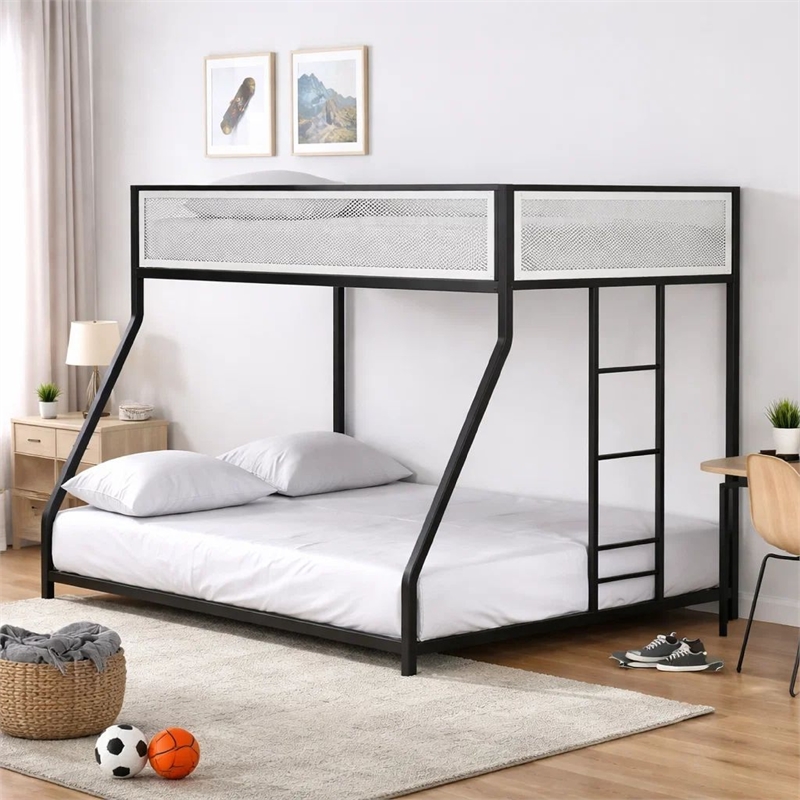Ady Low Profile Twin Over Full Bunk Bed with Mesh Guardrail- Black Metal