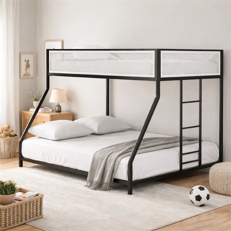 Ady Low Profile Twin Over Full Bunk Bed with Mesh Guardrail- Black Metal