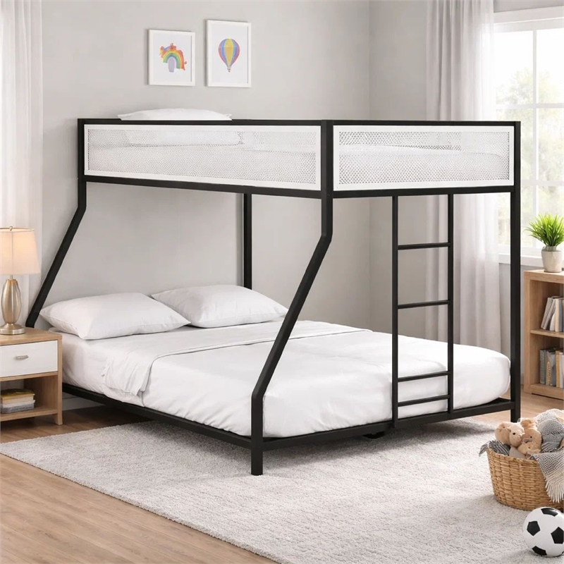 Ady Low Profile Twin Over Full Bunk Bed with Mesh Guardrail- Black Metal