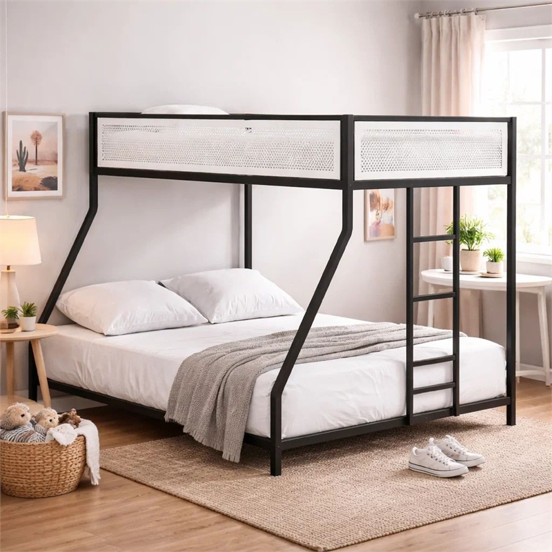 Ady Low Profile Twin Over Full Bunk Bed with Mesh Guardrail- Black Metal
