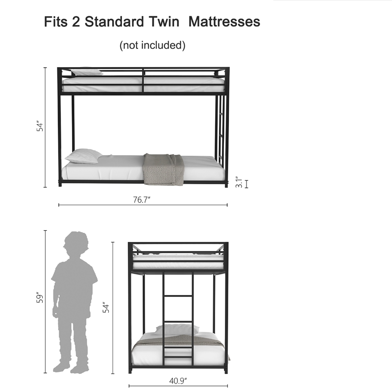Ady Low Profile Twin Over Twin Bunk Bed with Ladder- Black Metal Frame