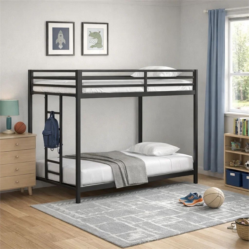 Ady Low Profile Twin Over Twin Bunk Bed with Ladder- Black Metal Frame
