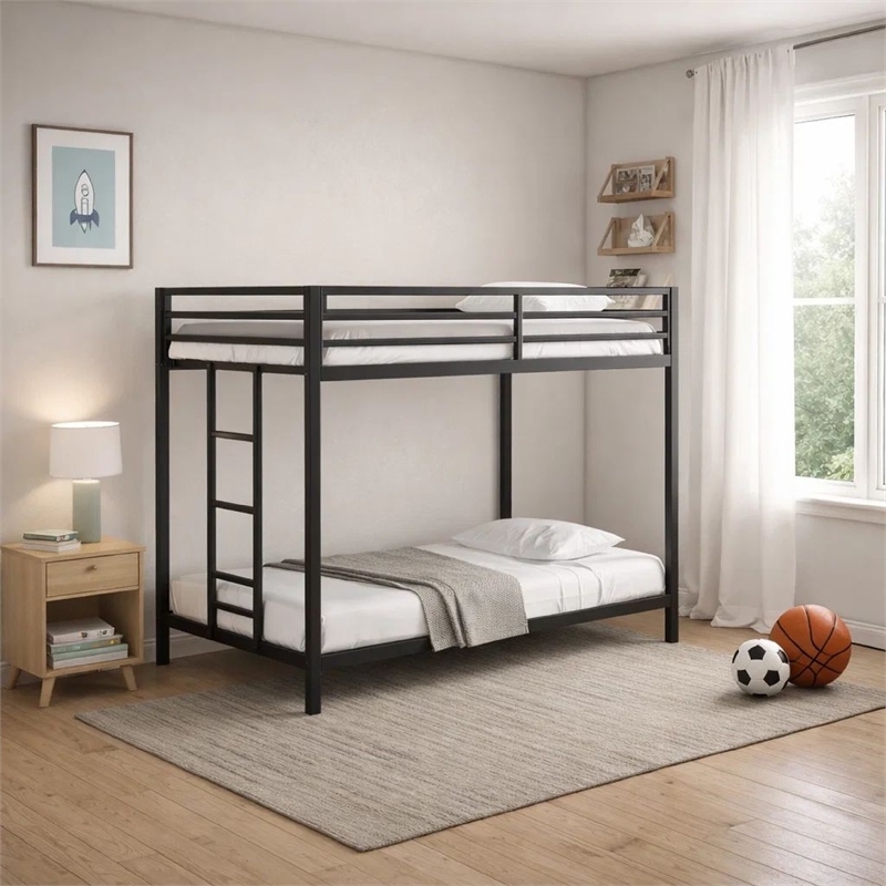 Ady Low Profile Twin Over Twin Bunk Bed with Ladder- Black Metal Frame
