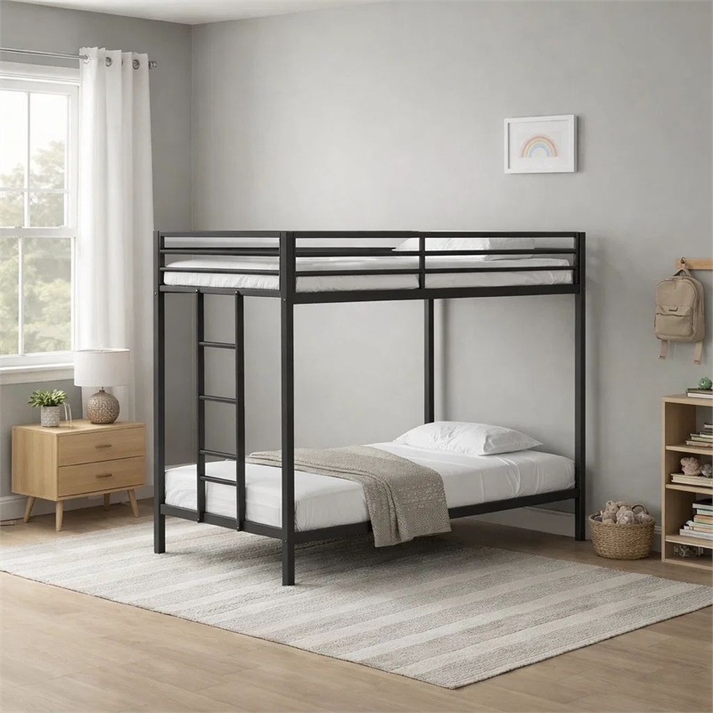 Ady Low Profile Twin Over Twin Bunk Bed with Ladder- Black Metal Frame