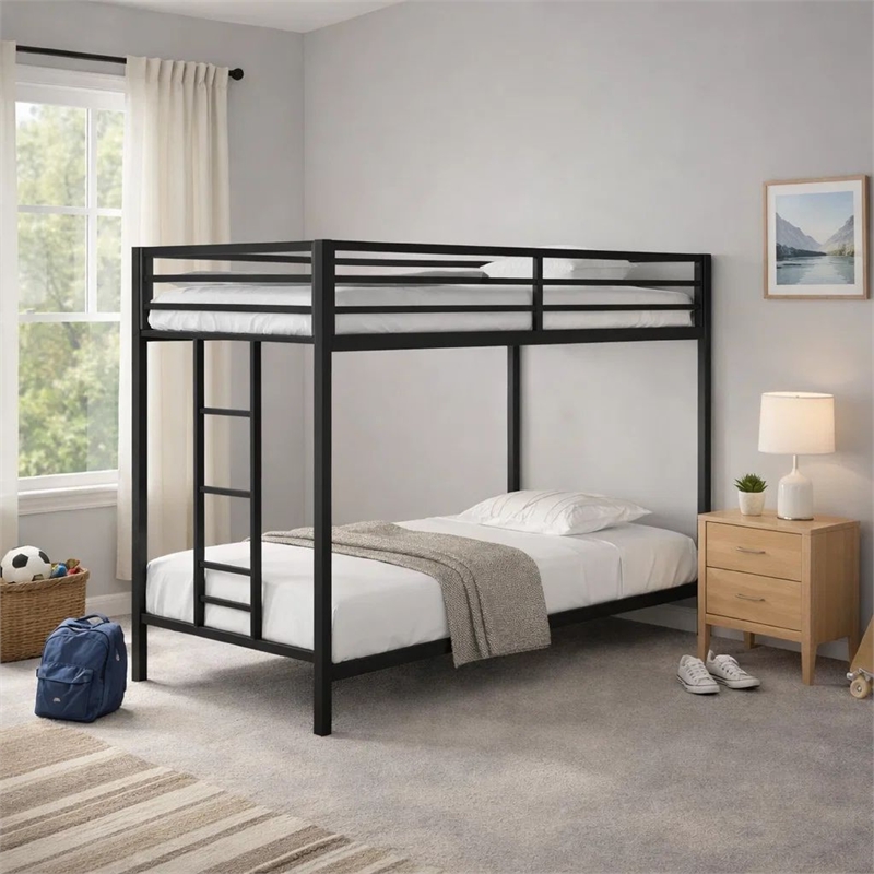 Ady Low Profile Twin Over Twin Bunk Bed with Ladder- Black Metal Frame