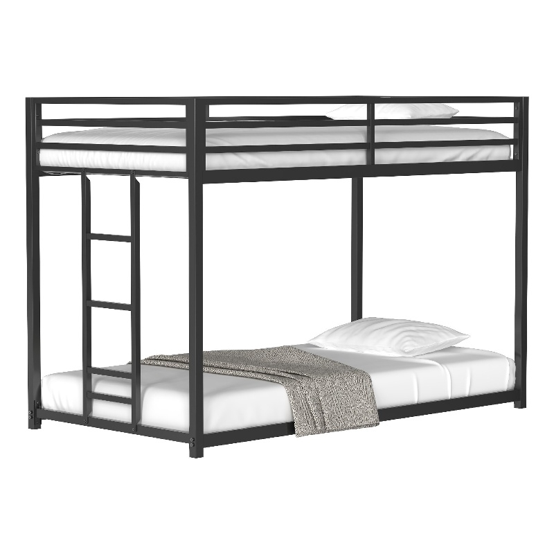 Ady Low Profile Twin Over Twin Bunk Bed with Ladder- Black Metal Frame
