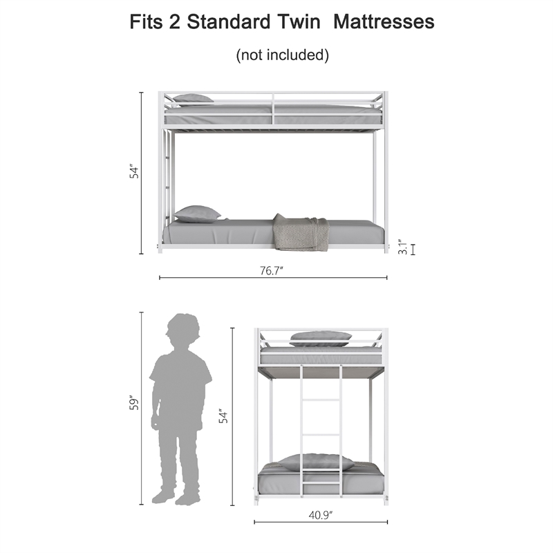 Ady Low Profile Twin Over Twin Bunk Bed with Ladder- White Metal Frame