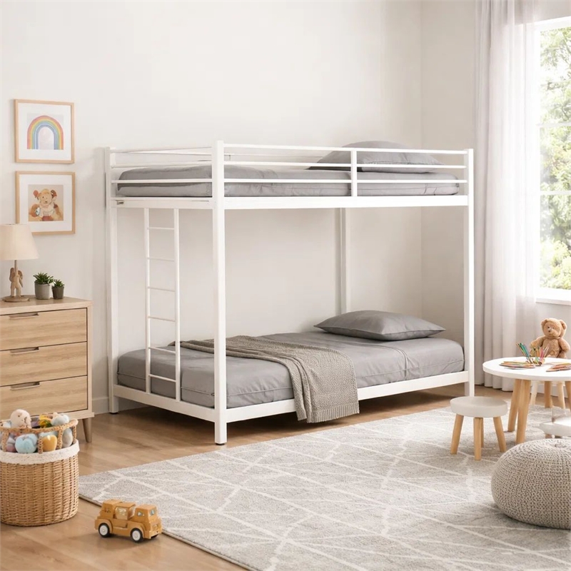 Ady Low Profile Twin Over Twin Bunk Bed with Ladder- White Metal Frame