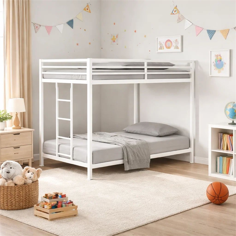 Ady Low Profile Twin Over Twin Bunk Bed with Ladder- White Metal Frame