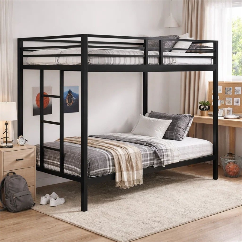 Ady Twin Over Twin Bunk Bed with Ladder and Guardrails- Black Metal Frame