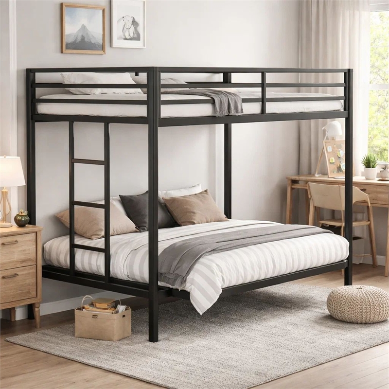 Ady Twin Over Twin Bunk Bed with Ladder and Guardrails- Black Metal Frame