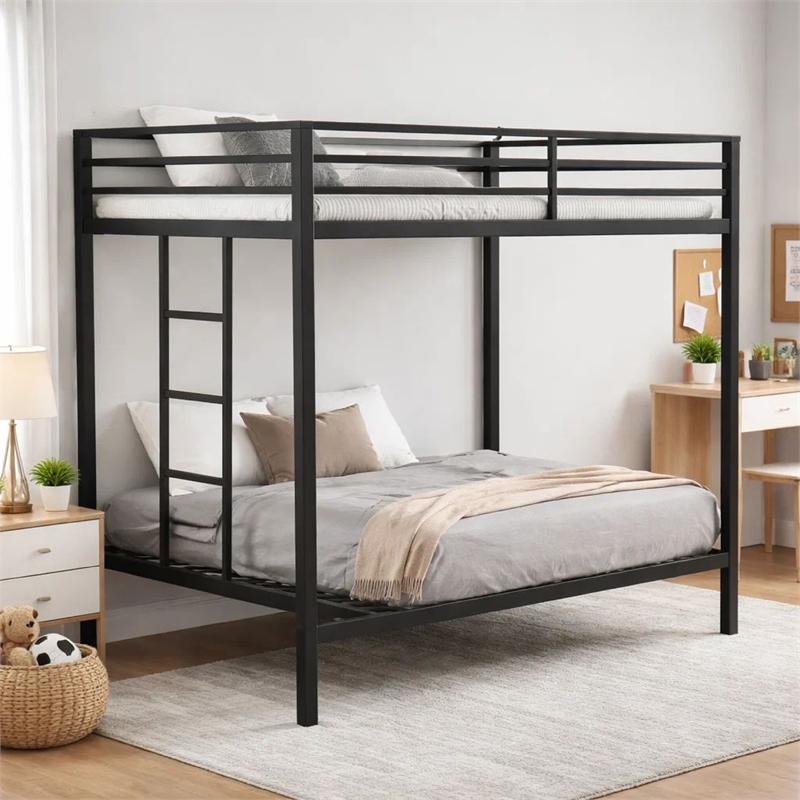 Ady Twin Over Twin Bunk Bed with Ladder and Guardrails- Black Metal Frame