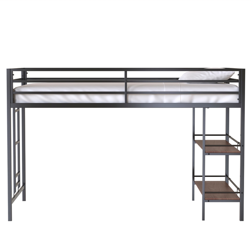 Ady Twin Size Loft Bed with Ladder and 2 Wood Shelves- Black Metal Frame