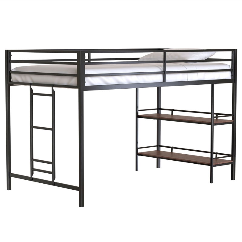 Ady Twin Size Loft Bed with Ladder and 2 Wood Shelves- Black Metal Frame