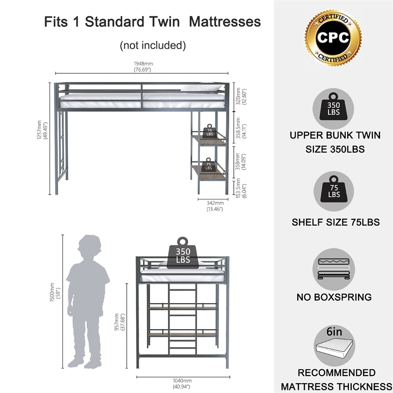 Ady Twin Size Loft Bed with Ladder and 2 Wood Shelves- Black Metal Frame