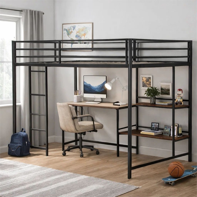 Ady Twin Size Loft Bed with Ladder and 2 Wood Shelves- Black Metal Frame