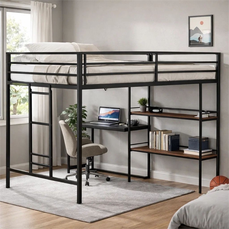 Ady Twin Size Loft Bed with Ladder and 2 Wood Shelves- Black Metal Frame