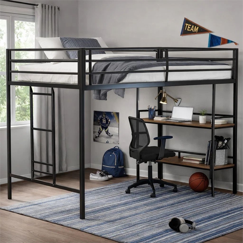 Ady Twin Size Loft Bed with Ladder and 2 Wood Shelves- Black Metal Frame