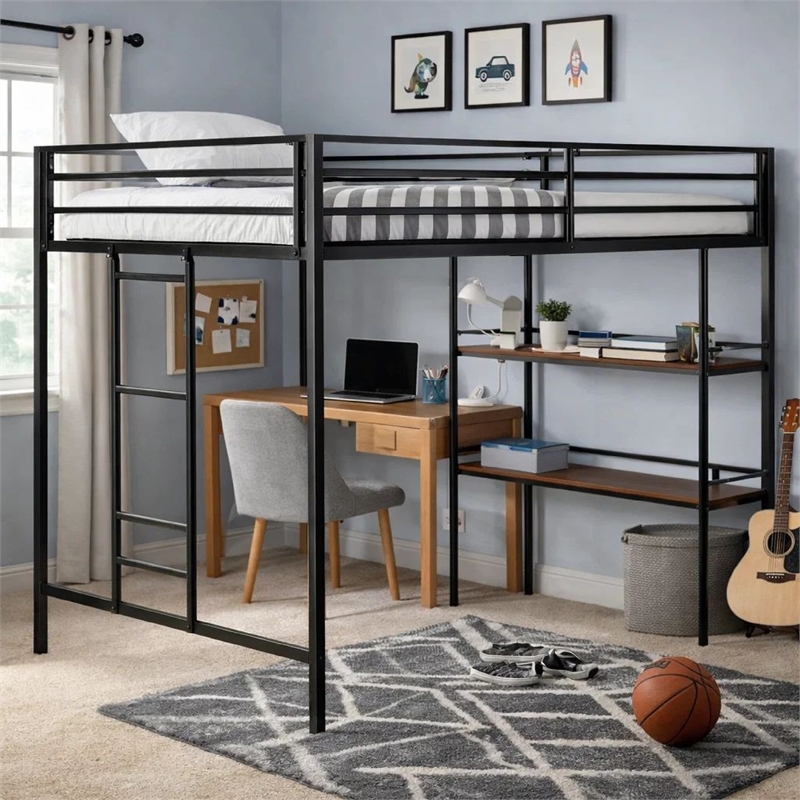Ady Twin Size Loft Bed with Ladder and 2 Wood Shelves- Black Metal Frame