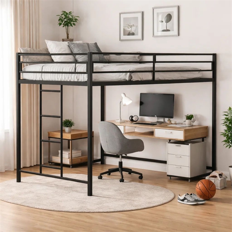 Ady Twin Size Loft Bed with Ladder and Guardrails- Black Metal Frame