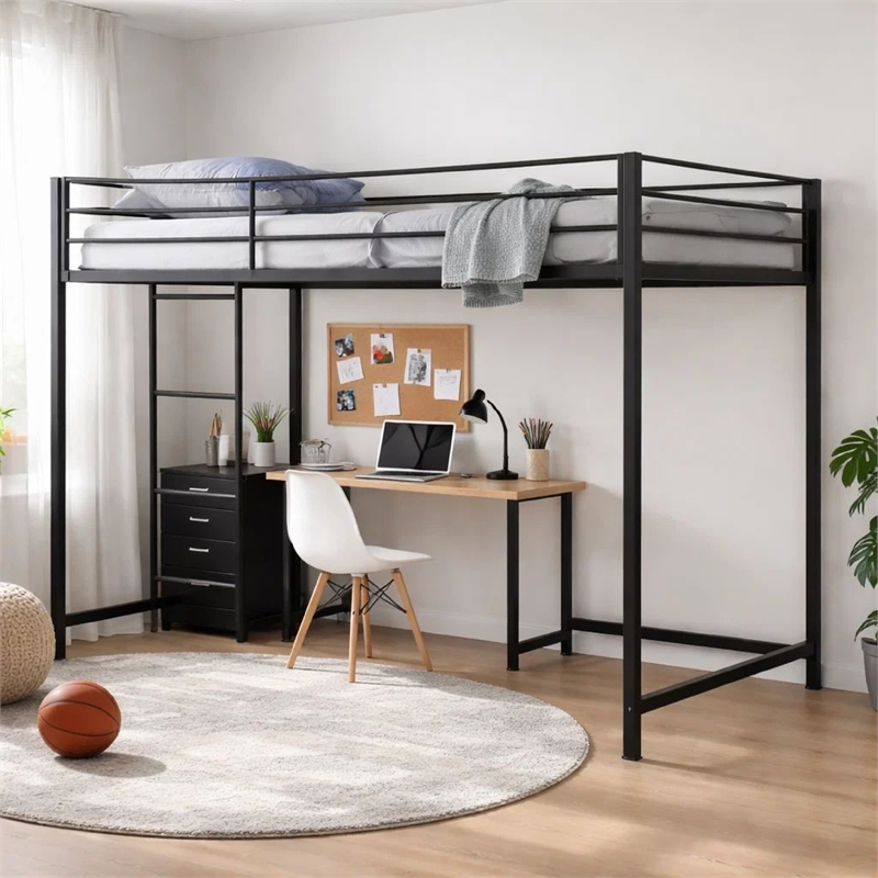 Ady Twin Size Loft Bed with Ladder and Guardrails- Black Metal Frame